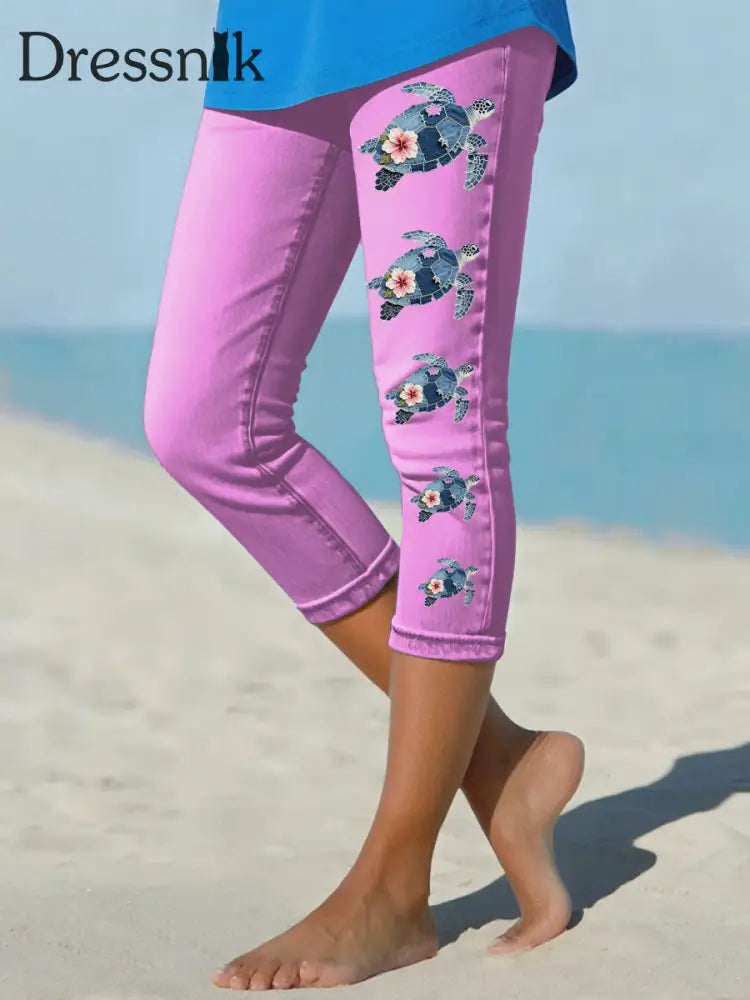 Frauen hawaiian ische Jeans schildkröte Hibiskus geschnittene Leggings Rosenrot / S