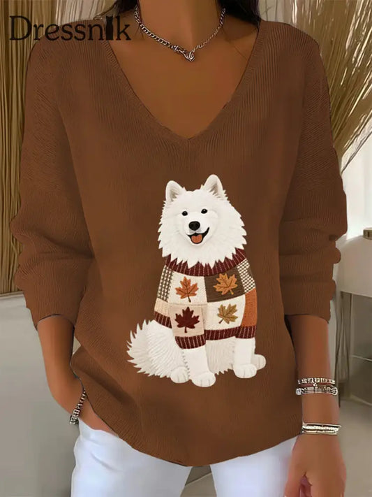Frauen Herbst Hund Kunstdruck V Ausschnitt gerippt Top Braun / S