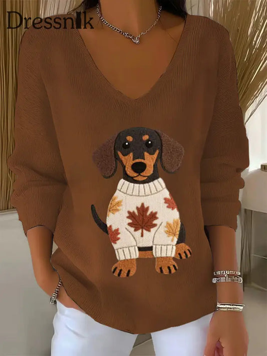 Frauen Herbst Hund Kunstdruck V Ausschnitt gerippt Top Braun / S