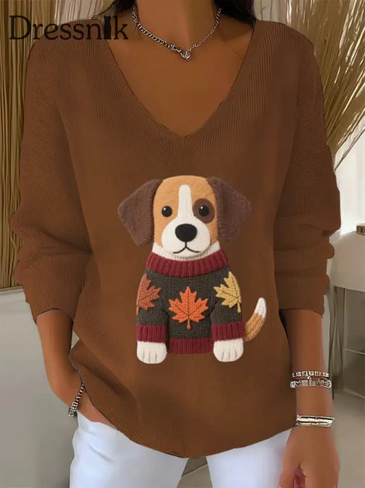 Frauen Herbst Hund Kunstdruck V Ausschnitt gerippt Top Braun / S