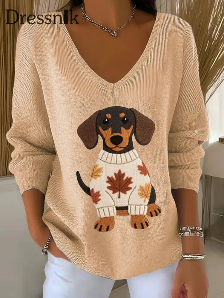 Frauen Herbst Hund Kunstdruck V Ausschnitt gerippt Top Khaki / S