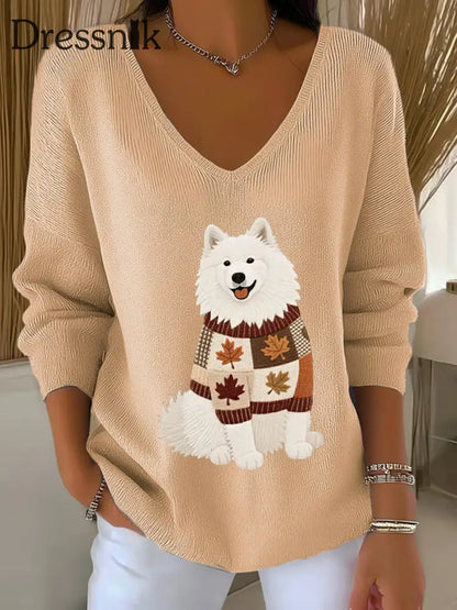 Frauen Herbst Hund Kunstdruck V Ausschnitt gerippt Top Khaki / S