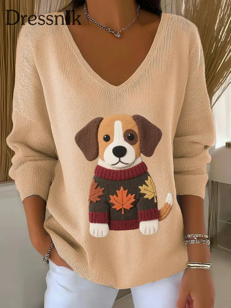 Frauen Herbst Hund Kunstdruck V Ausschnitt gerippt Top Khaki / S