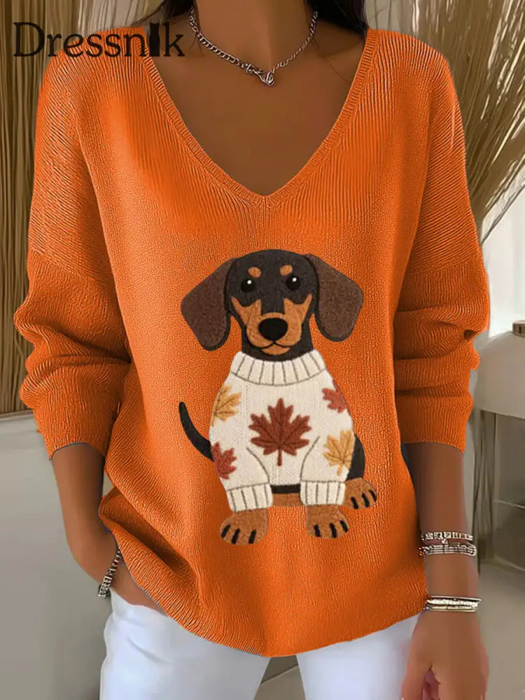 Frauen Herbst Hund Kunstdruck V Ausschnitt gerippt Top Orange / S