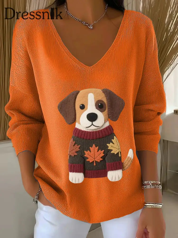 Frauen Herbst Hund Kunstdruck V Ausschnitt gerippt Top Orange / S