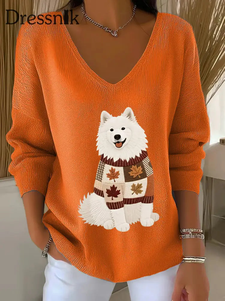 Frauen Herbst Hund Kunstdruck V Ausschnitt gerippt Top Orange / S
