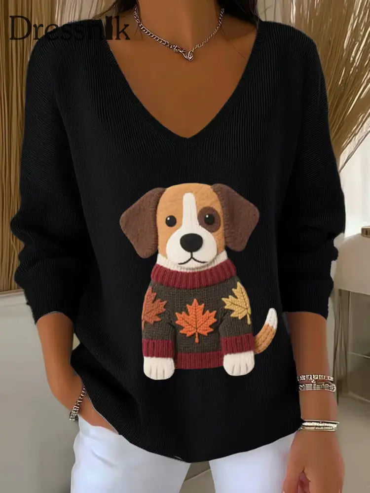 Frauen Herbst Hund Kunstdruck V Ausschnitt gerippt Top Schwarz / S