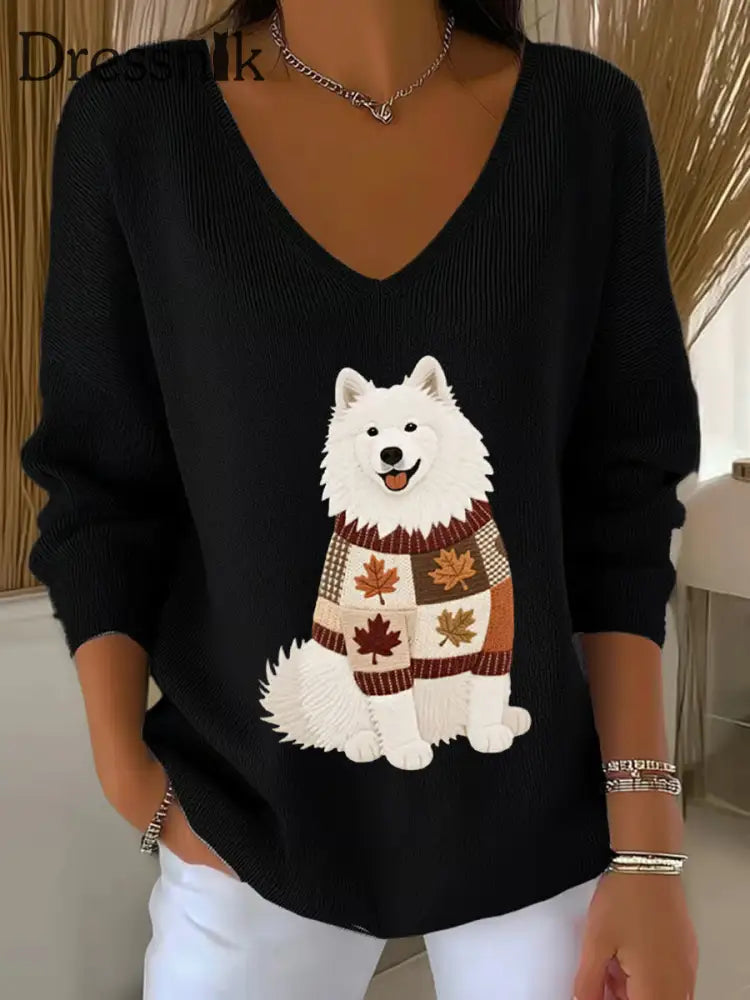 Frauen Herbst Hund Kunstdruck V Ausschnitt gerippt Top Schwarz / S