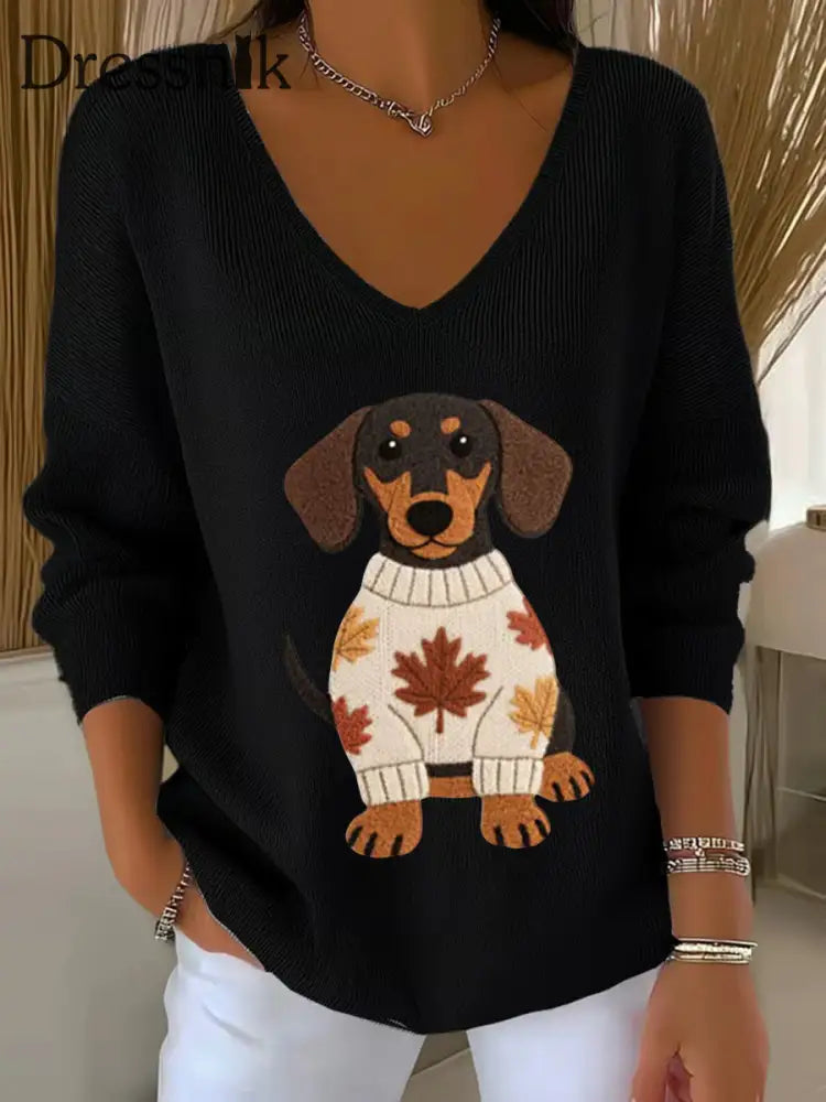 Frauen Herbst Hund Kunstdruck V Ausschnitt gerippt Top Schwarz / S