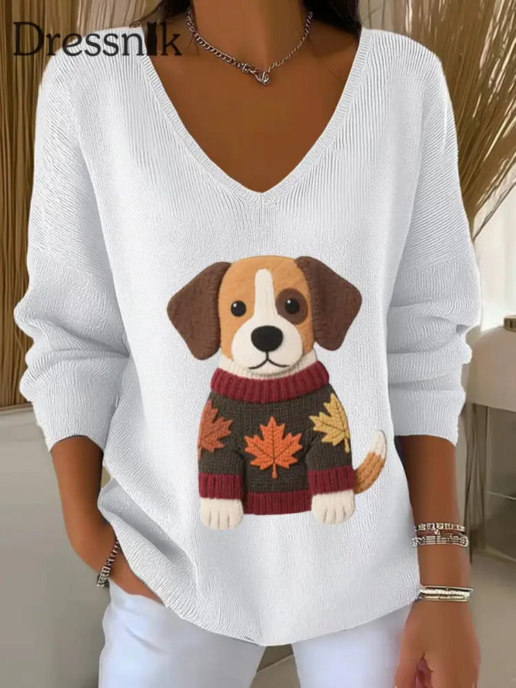 Frauen Herbst Hund Kunstdruck V Ausschnitt gerippt Top Weiß / S