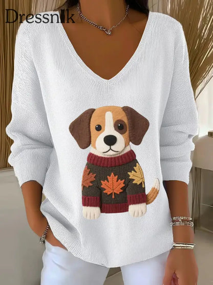 Frauen Herbst Hund Kunstdruck V Ausschnitt gerippt Top Weiß / S