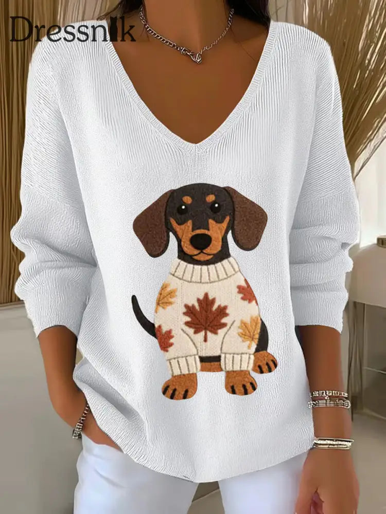 Frauen Herbst Hund Kunstdruck V Ausschnitt gerippt Top Weiß / S