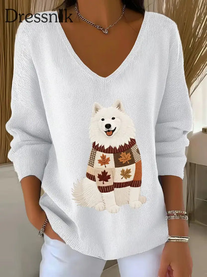 Frauen Herbst Hund Kunstdruck V Ausschnitt gerippt Top Weiß / S