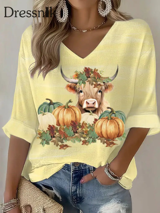 Frauen Herbst Tier Hochland Kuh Print Casual T-Shirt als bild / S