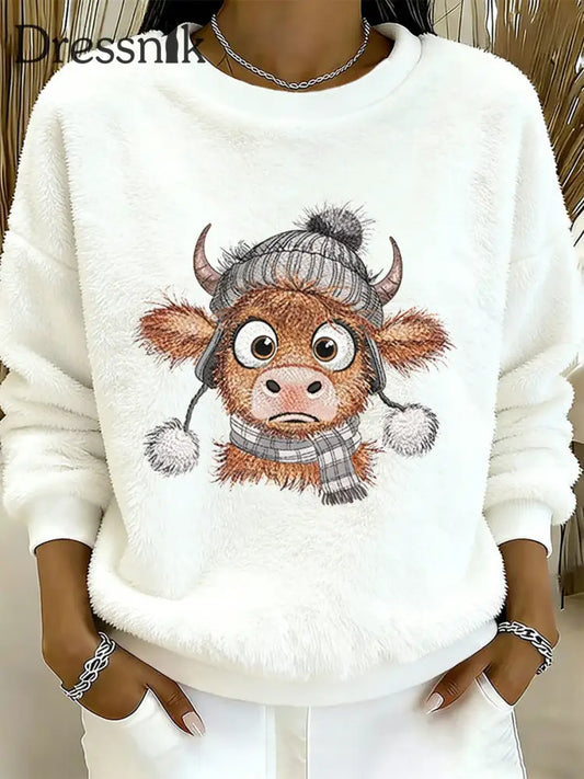 Frauen Highland Kuh Tier Print Flanell Sweatshirt S