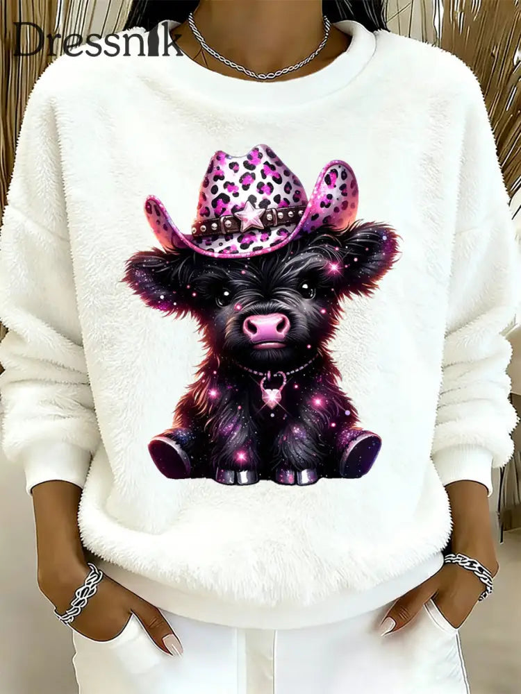 Frauen Highland Kuh Tier Print Flanell Sweatshirt S