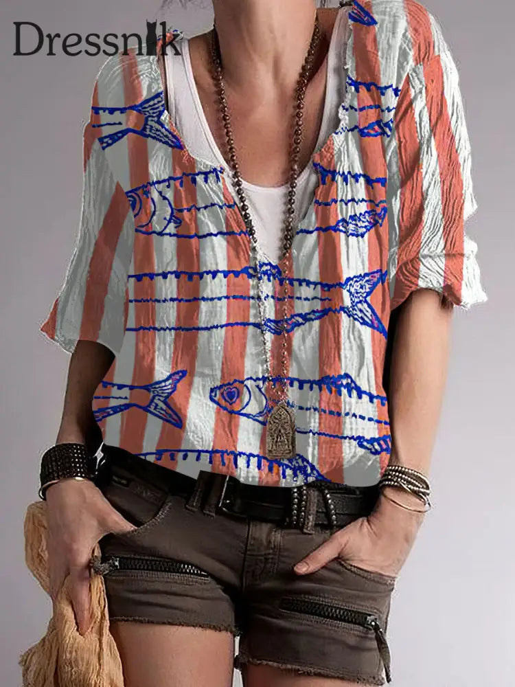 Frauen Hippie Streifen und Fisch Print Baumwoll mischung V-Ausschnitt Top bunt / S