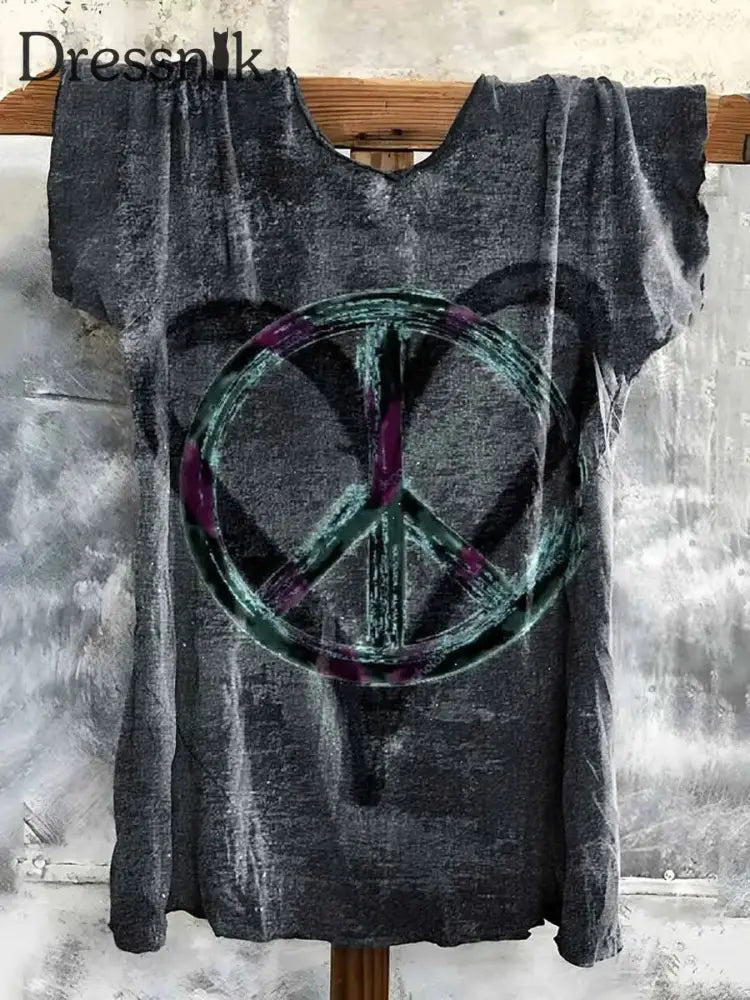 Frauen Hippies Symbol Frieden & Liebe Bedrucktes T-Shirt Dunkelgrau / S