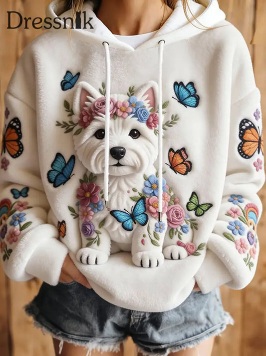 Frauen Hund Kunstdruck Casual Hoodie Weiß / S