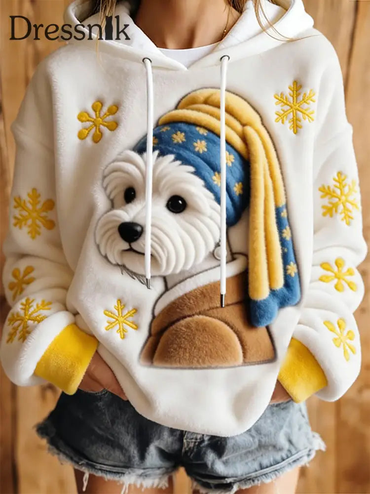 Frauen Hund Kunstdruck Casual Hoodie Weiß / S