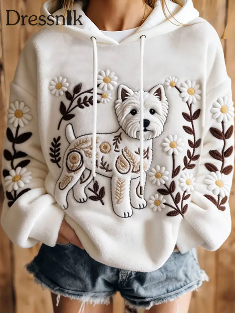 Frauen Hund Kunstdruck Casual Hoodie Weiß / S