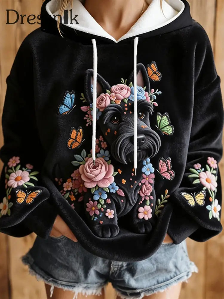 Frauen Hund Kunstdruck Casual Hoodie Weiß / S