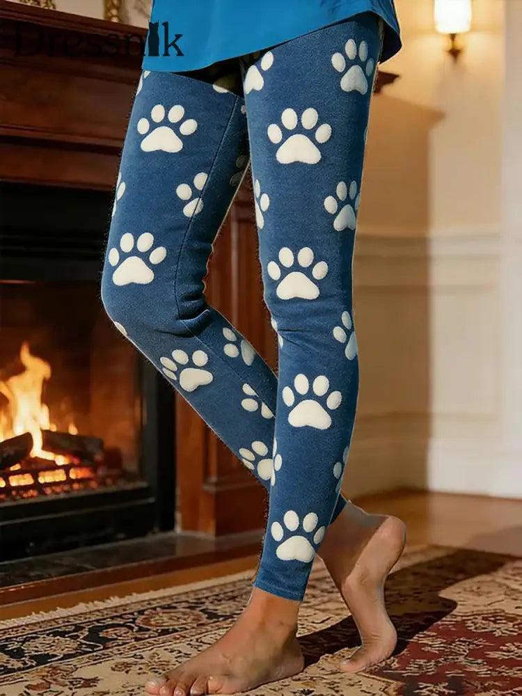 Frauen Hunde Pfote Warme Fleece-Leggings Blau / S