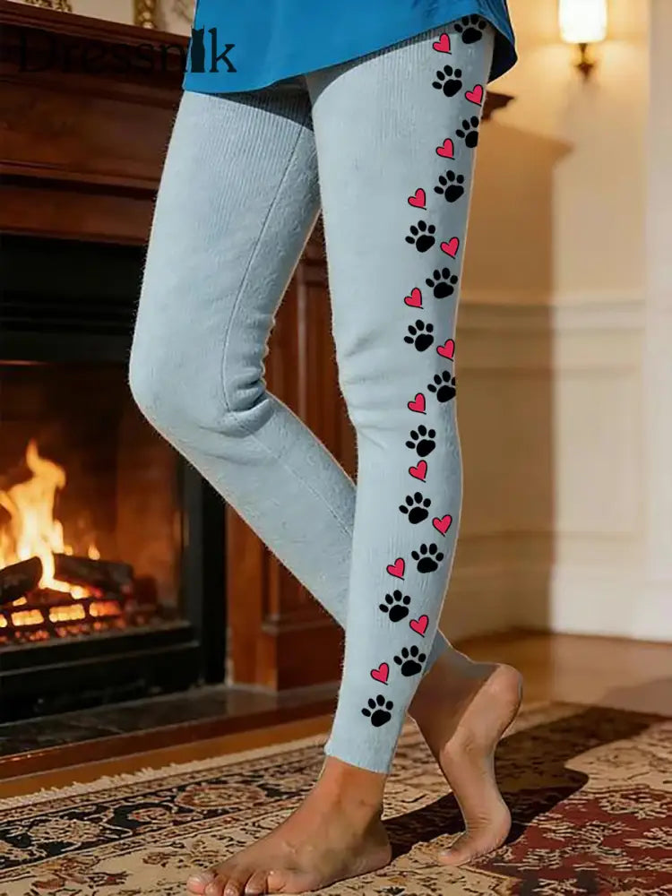 Frauen Hunde Pfote Warme Fleece-Leggings Hellblau / S