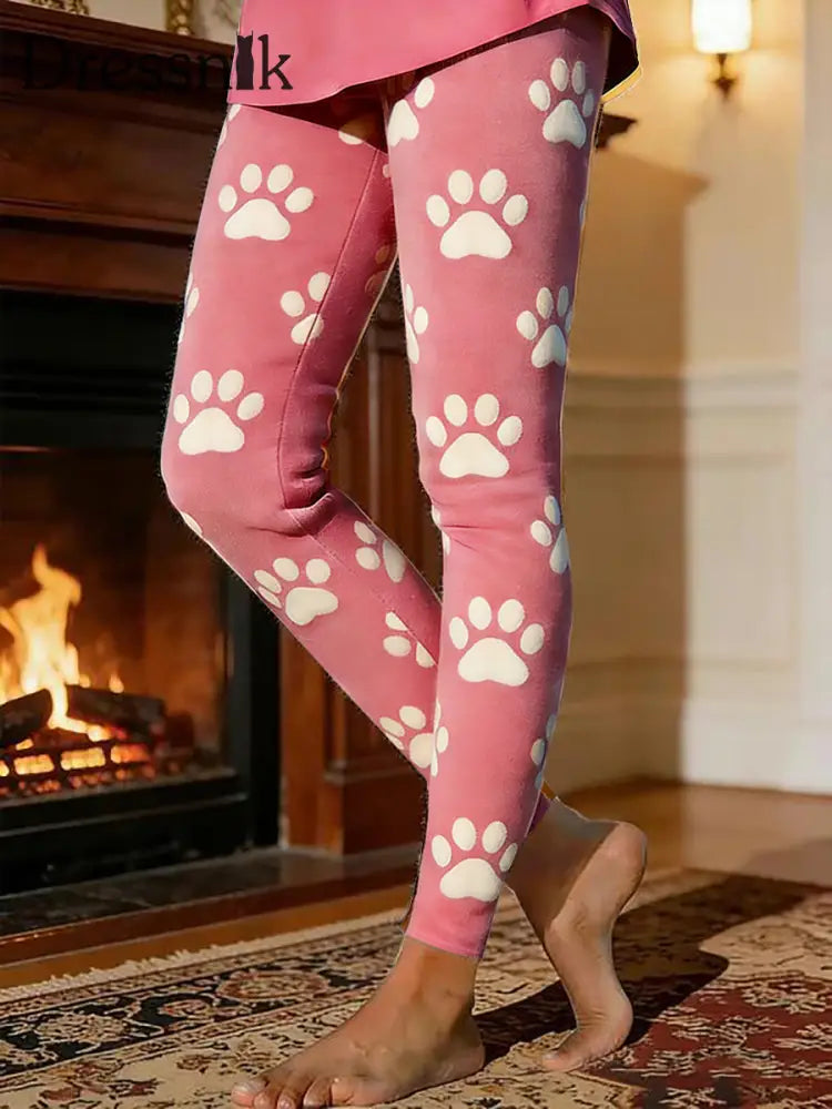 Frauen Hunde Pfote Warme Fleece-Leggings Rosa / S