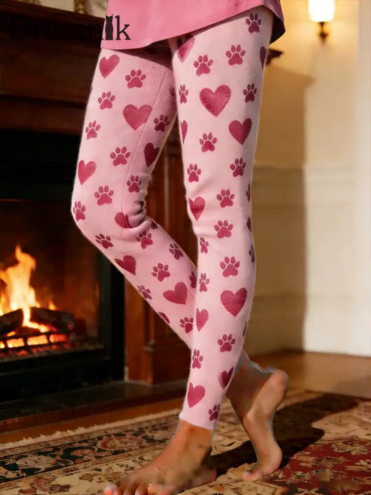 Frauen Hunde Pfote Warme Fleece-Leggings Rosa / S