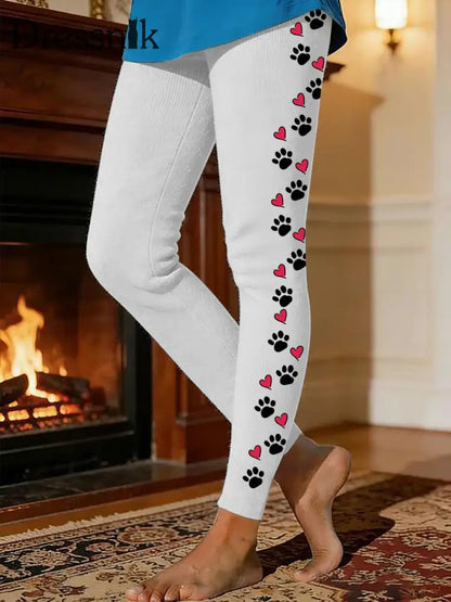 Frauen Hunde Pfote Warme Fleece-Leggings Weiß / S