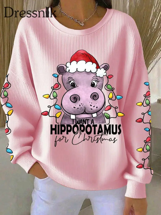 Frauen Ich will ein Nilpferd für Weihnachten Geripptes Rundhals-Sweatshirt Rosa / S