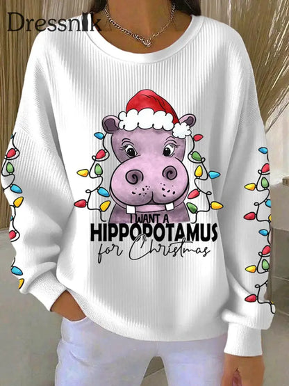 Frauen Ich will ein Nilpferd für Weihnachten Geripptes Rundhals-Sweatshirt Weiß / S