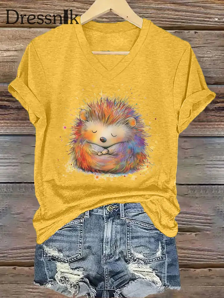 Frauen Igel Print Kurzarm T Shirt Gelb / S