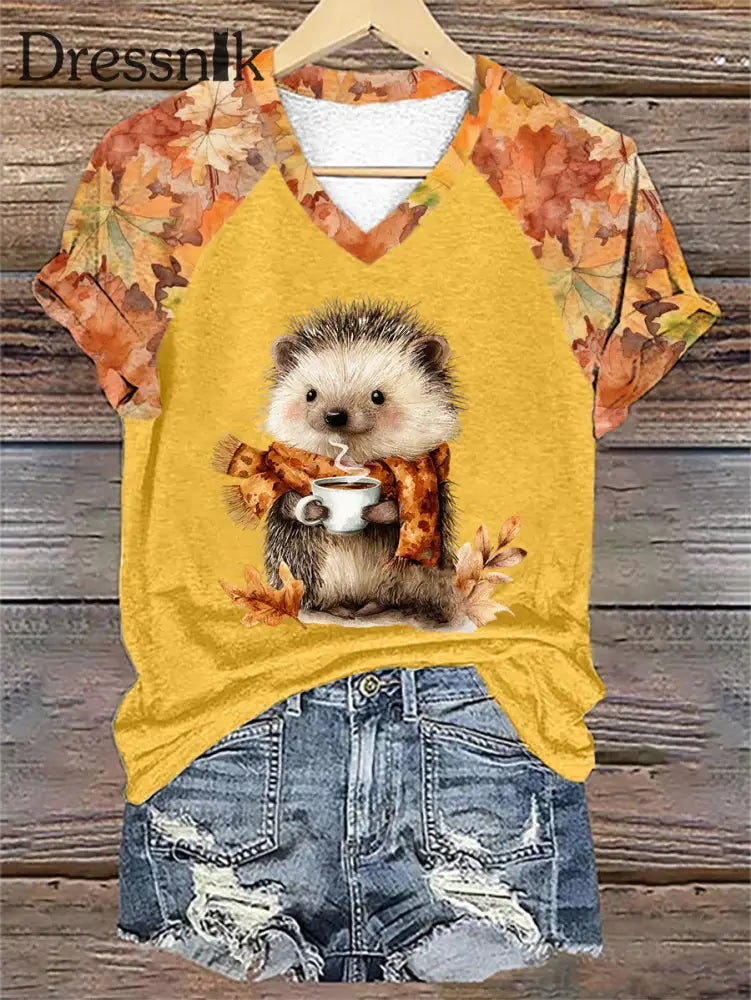 Frauen Igel Print Kurzarm T Shirt Gelb / S