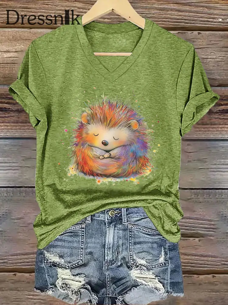 Frauen Igel Print Kurzarm T Shirt Grün / S