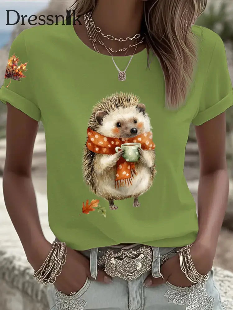 Frauen Igel Print Kurzarm T Shirt Grün / S