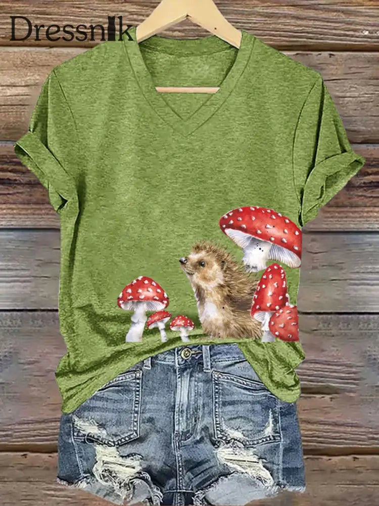 Frauen Igel Print Kurzarm T Shirt Grün / S