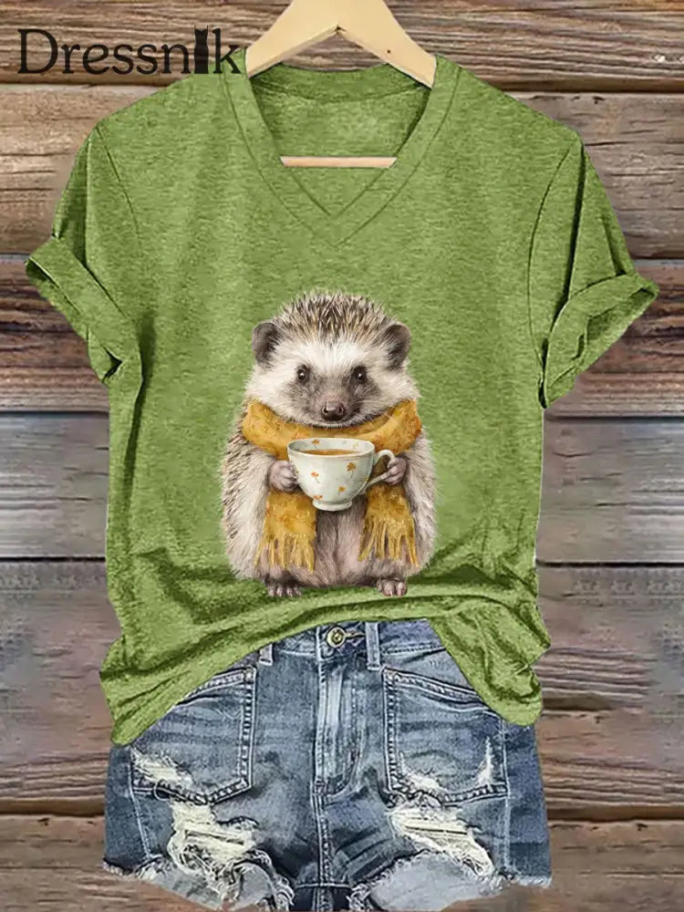 Frauen Igel Print Kurzarm T Shirt Grün / S
