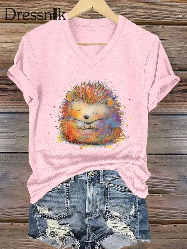 Frauen Igel Print Kurzarm T Shirt Hellrosa / S