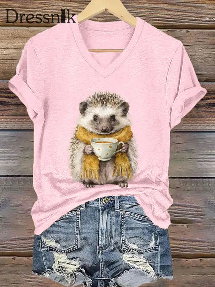 Frauen Igel Print Kurzarm T Shirt Hellrosa / S