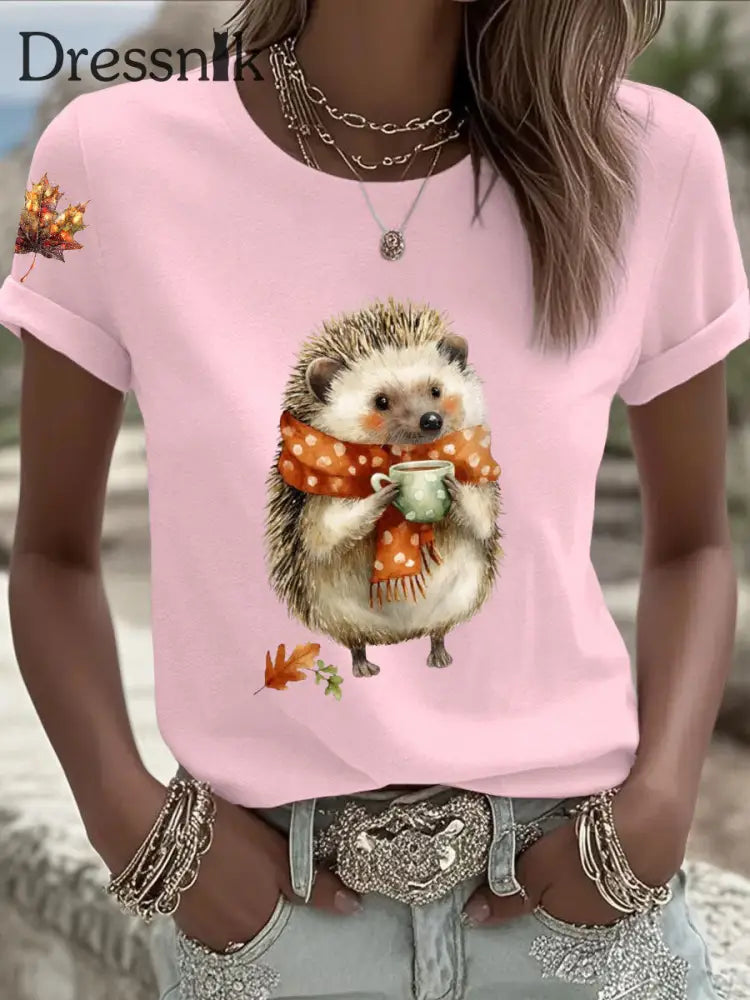 Frauen Igel Print Kurzarm T Shirt Hellrosa / S