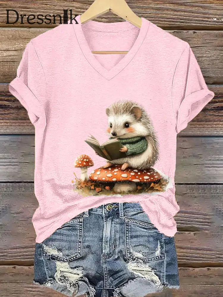 Frauen Igel Print Kurzarm T Shirt Hellrosa / S