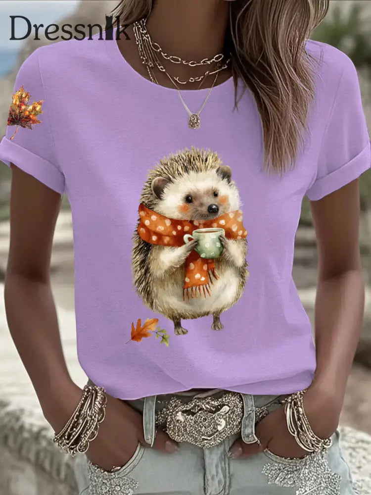 Frauen Igel Print Kurzarm T Shirt Hellviolett / S