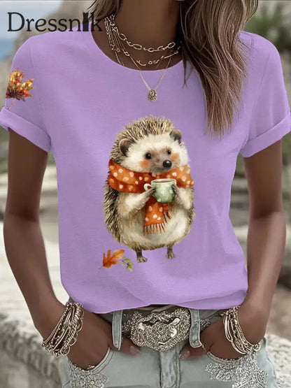 Frauen Igel Print Kurzarm T Shirt Hellviolett / S