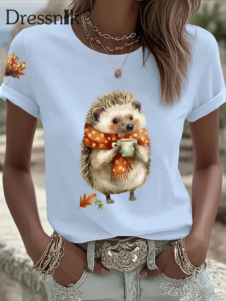 Frauen Igel Print Kurzarm T Shirt Himmelblau / S