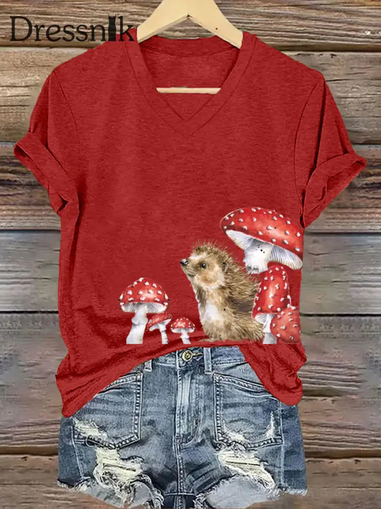 Frauen Igel Print Kurzarm T Shirt Rot / S