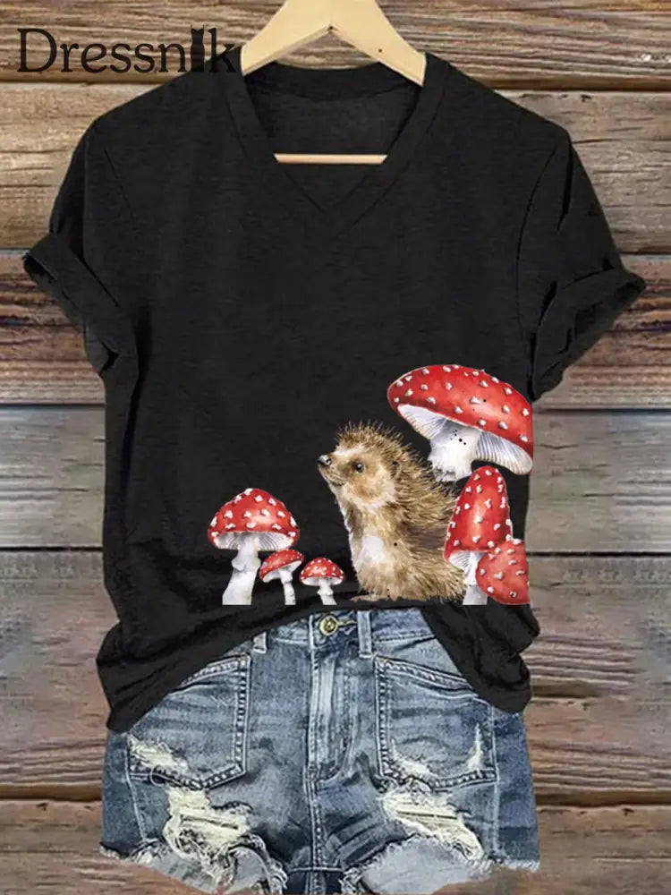 Frauen Igel Print Kurzarm T Shirt Schwarz / S