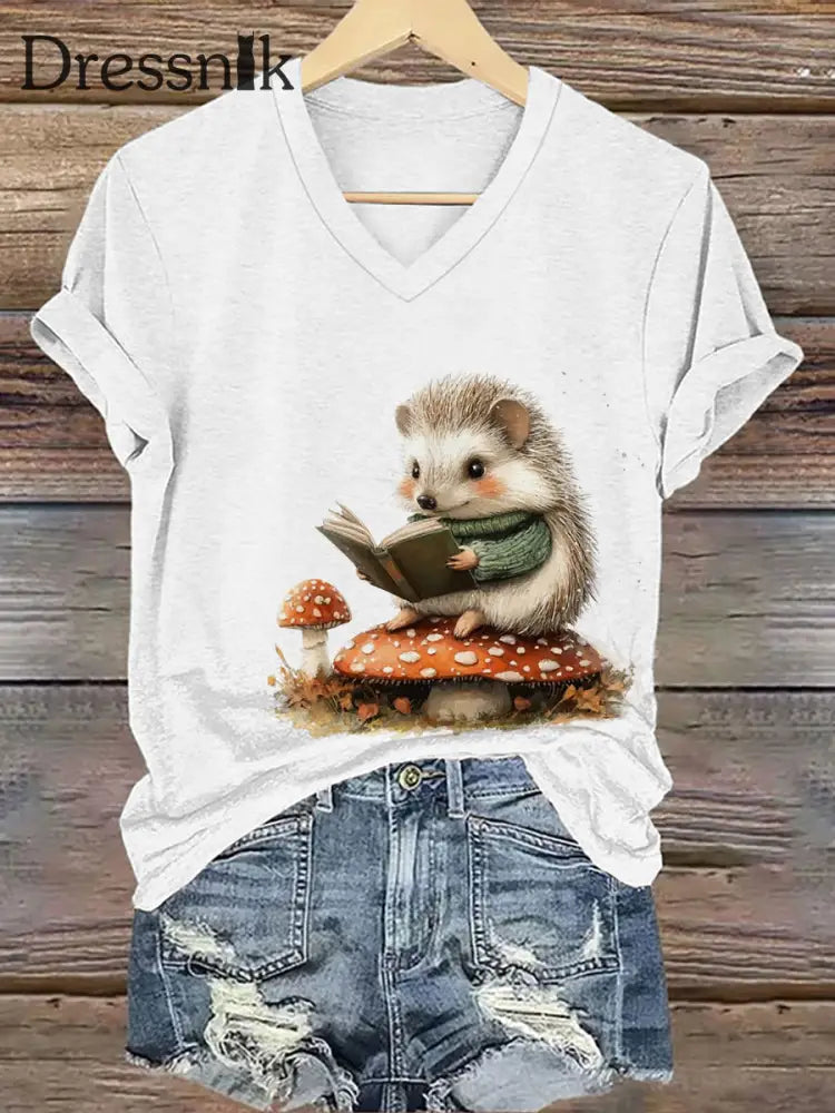 Frauen Igel Print Kurzarm T Shirt Weiß / S