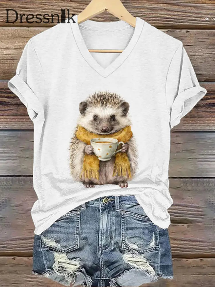 Frauen Igel Print Kurzarm T Shirt Weiß / S